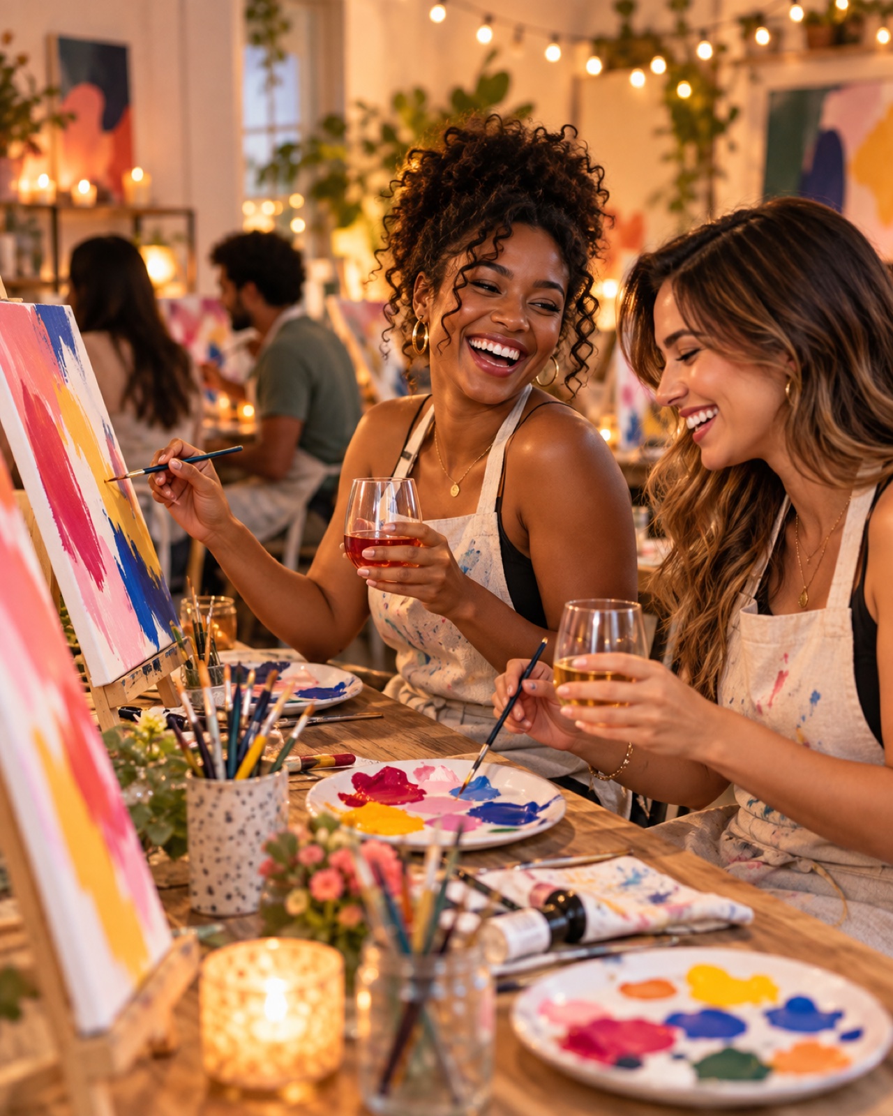 Friends laughing together while painting colorful canvases at a relaxed evening paint night